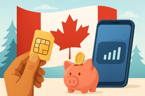 lustración de una tarjeta SIM prepago frente a un fondo con elementos representativos de Canadá, como una hoja de arce y colores rojo y blanc