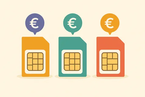 Tres tarjetas SIM de colores con el símbolo del euros sobre cada una de ellas simbolizando compañías con prepago barato.