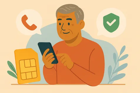 Persona mayor usa su móvil para llamar junto a símbolos de telefonía como un teléfono o una SIM 