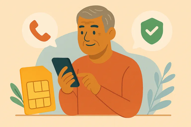Persona mayor usa su móvil para llamar junto a símbolos de telefonía como un teléfono o una SIM 