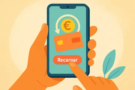 Unas manos sujetan un móvil donde se lee la palabra recargar junto a una tarjeta de crédito y el símbolo del euro