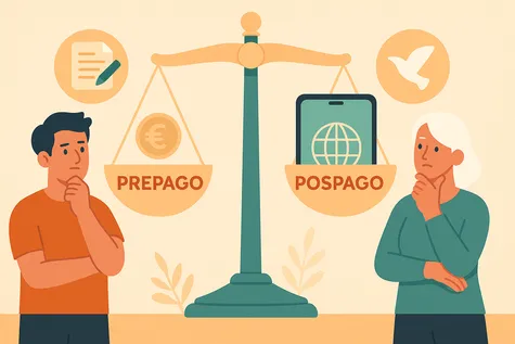 Dos personas ponen en una balanza lo mejor y lo peor del prepago y el contrato para comparar ambos servicios