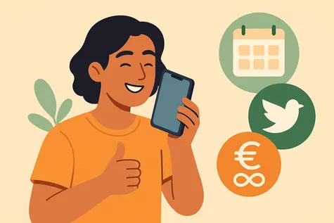 Hombre habla por teléfono  junto a una serie de iconos como un calendario, el símbolo del euro o un infinito