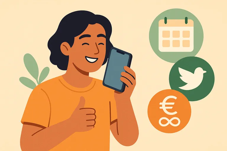 Hombre habla por teléfono  junto a una serie de iconos como un calendario, el símbolo del euro o un infinito