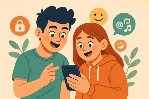 Dos adolescentes miran un móvil mientras conversan entre ellos alegremente y hablan sobre música e internet.