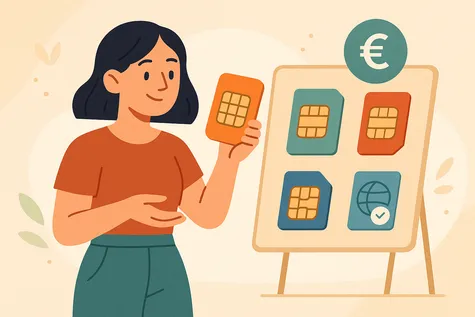 Mujer observa diferentes tarjetas SIM que incluyen datos y llamadas