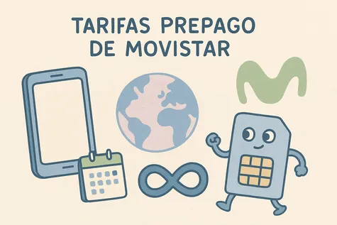 Ilustración digital dibujada a mano que muestra los elementos clave de las tarifas prepago de Movistar, incluyendo un teléfono, un logo de Movistar, una tarjeta SIM, un calendario y el símbolo de infinito, todo en tonos suaves de azul, verde y beige.