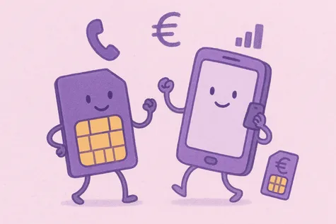 Ilustración digital de una tarjeta SIM y un teléfono móvil Yoigo, en tonos morados con símbolos de euros y señal.