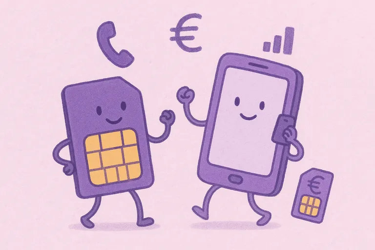 Ilustración digital de una tarjeta SIM y un teléfono móvil Yoigo, en tonos morados con símbolos de euros y señal.