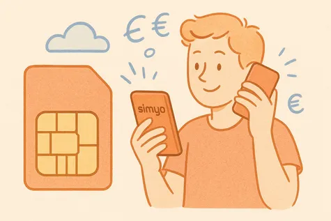 Ilustración digital de un joven con una tarjeta SIM naranja y un teléfono móvil Simyo, con íconos de euro y nube.