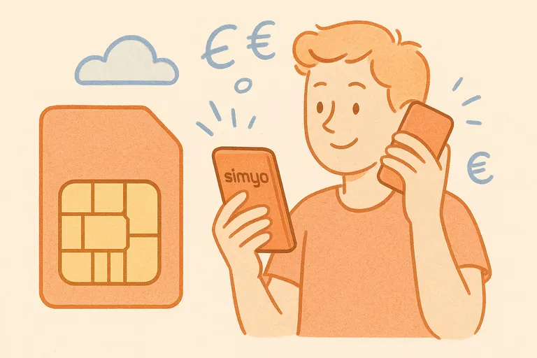 Ilustración digital de un joven con una tarjeta SIM naranja y un teléfono móvil Simyo, con íconos de euro y nube.