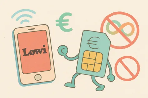 Ilustración digital de un teléfono móvil con el logo de Lowi, una tarjeta SIM, un símbolo de euro y un símbolo de prohibición de datos ilimitados en tonos pastel.