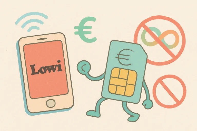 Ilustración digital de un teléfono móvil con el logo de Lowi, una tarjeta SIM, un símbolo de euro y un símbolo de prohibición de datos ilimitados en tonos pastel.