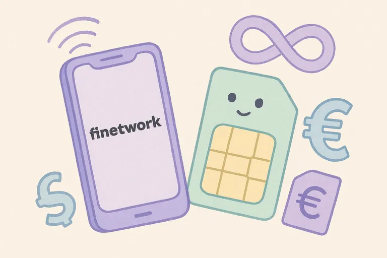 Ilustración digital de un teléfono móvil Finetwork, una tarjeta SIM sonriente, símbolos de euro e infinito, en tonos pastel.