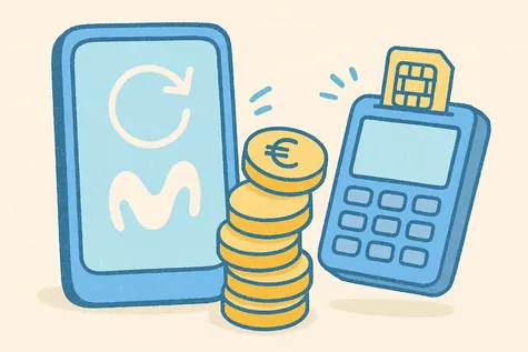 Ilustración de un móvil con logo de Movistar, monedas, un datáfono y una tarjeta SIM sobre fondo beige en tonos pastel.