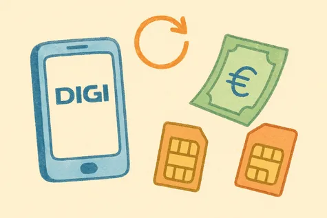 Ilustración digital con móvil DIGI, tarjeta SIM, billete y símbolo de recarga sobre fondo claro en tonos pastel.