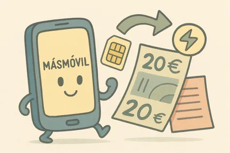  Ilustración de un móvil con logo MásMóvil, billetes de 20€, una SIM y flecha de recarga en estilo pastel.