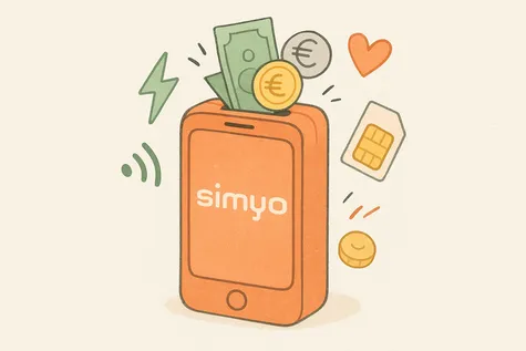 Ilustración de móvil simyo con forma de hucha, recibiendo monedas, billetes e iconos de datos y corazón.