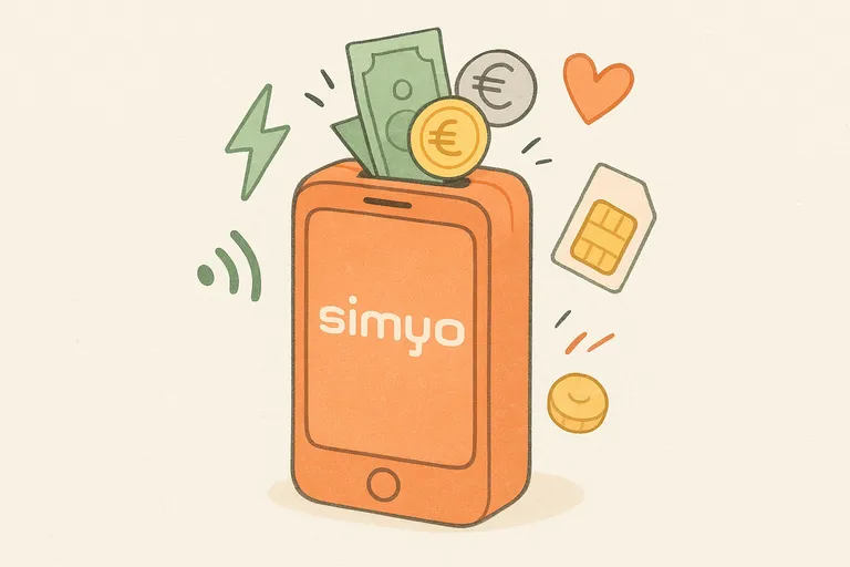 Ilustración de móvil simyo con forma de hucha, recibiendo monedas, billetes e iconos de datos y corazón.