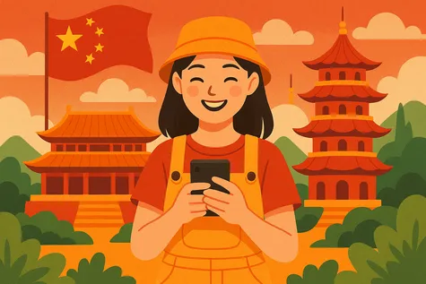 Turista sonriente usando el móvil frente a templos tradicionales y la bandera de China, rodeada de vegetación y montañas.