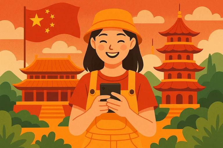 Turista sonriente usando el móvil frente a templos tradicionales y la bandera de China, rodeada de vegetación y montañas.