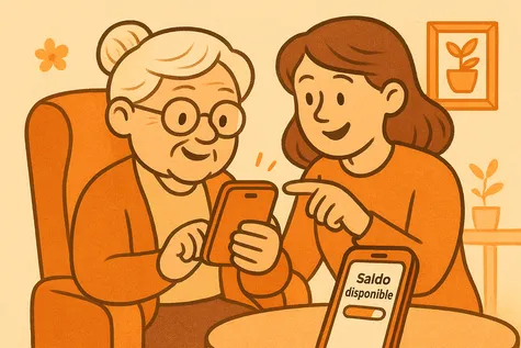 Ilustración de una persona mayor consultando el saldo en su móvil con ayuda de un familiar en un entorno tranquilo.