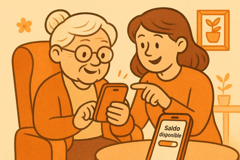 Ilustración de una persona mayor consultando el saldo en su móvil con ayuda de un familiar en un entorno tranquilo.