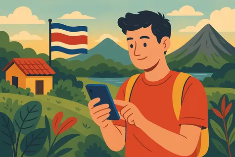 Turista usando el móvil en un paisaje tropical con bandera de Costa Rica, montañas, vegetación y una casa rural al fondo.