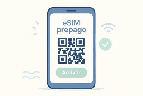 Ilustración de activación de una eSIM prepago en un móvil escaneando un código QR