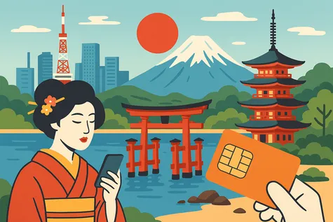 Mujer con kimono usando el móvil, con tarjeta SIM en primer plano y símbolos icónicos de Japón al fondo como el Monte Fuji y un torii.