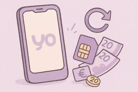 Ilustración de un móvil con logo Yoigo, tarjeta SIM, billetes y símbolo de recarga en tonos morados sobre fondo claro.