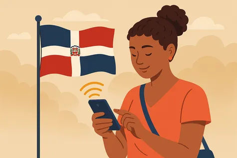 Mujer usando el móvil con señal de conexión junto a la bandera de República Dominicana sobre un fondo de nubes cálidas.