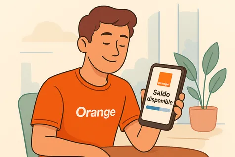 Persona consultando el saldo de su tarjeta prepago Orange desde su móvil, en una ilustración digital moderna y minimalista.