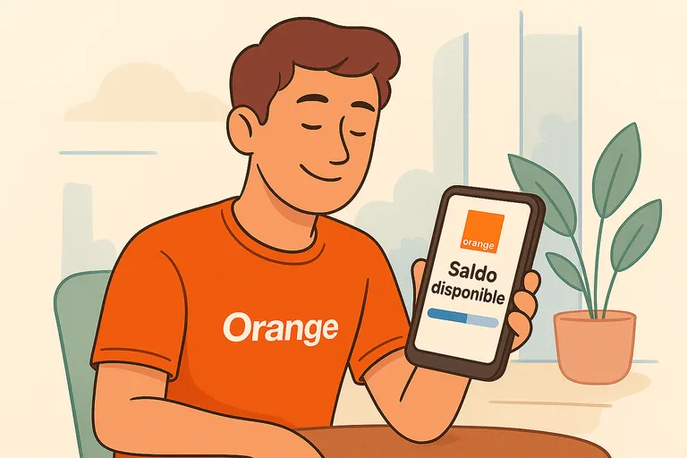Persona consultando el saldo de su tarjeta prepago Orange desde su móvil, en una ilustración digital moderna y minimalista.