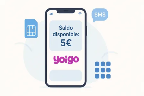 Ilustración de un móvil consultando el saldo de una tarjeta prepago Yoigo en pantalla
