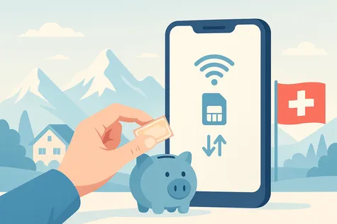 Ilustración de un smartphone con conexión móvil en Suiza, rodeado de montañas y la bandera suiza, representando el uso de tarifas prepago en el país