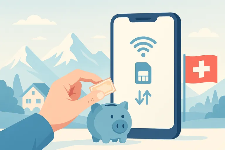 Ilustración de un smartphone con conexión móvil en Suiza, rodeado de montañas y la bandera suiza, representando el uso de tarifas prepago en el país