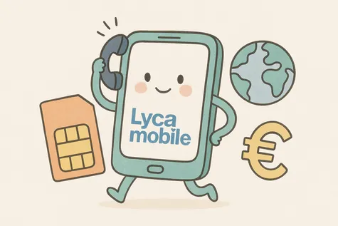 Ilustración digital de un teléfono móvil Lycamobile con una tarjeta SIM, un globo terráqueo y un símbolo de euro en tonos pastel.