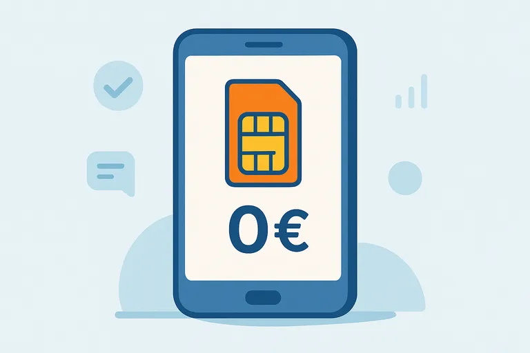 Ilustración de un móvil con una SIM y símbolo de 0€, que representa una tarjeta prepago sin cuota mensual.