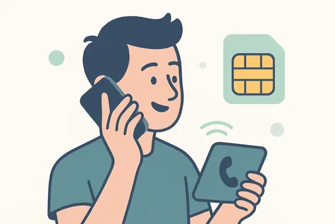 Ilustración de una tarjeta SIM prepago para llamadas junto a un hombre hablando por teléfono


