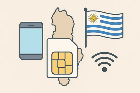Ilustración de móvil con señal sobre mapa de Uruguay