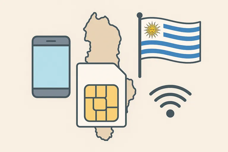 Ilustración de móvil con señal sobre mapa de Uruguay