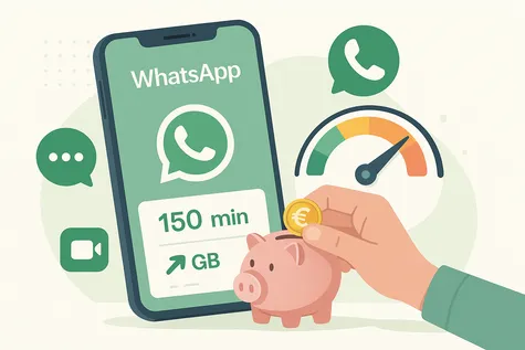 Ilustración de un móvil con WhatsApp abierto y un gráfico de consumo de datos prepago según el uso de mensajes, llamadas y vídeos.