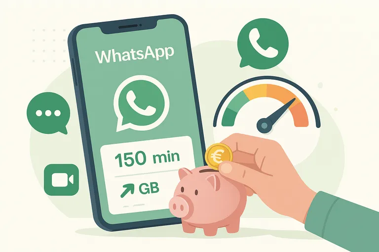 Ilustración de un móvil con WhatsApp abierto y un gráfico de consumo de datos prepago según el uso de mensajes, llamadas y vídeos.