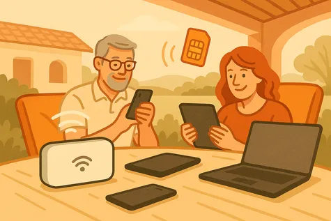 Ilustración de un router wifi portátil funcionando con una SIM prepago, compartiendo conexión con varios dispositivos en un entorno de vacaciones.