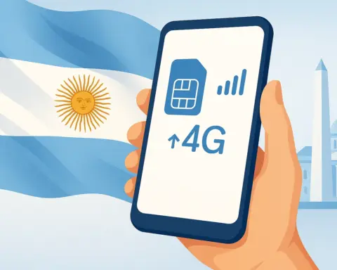Ilustración de un smartphone con señal móvil frente a una bandera de Argentina, representando el uso de tarjetas prepago en el país