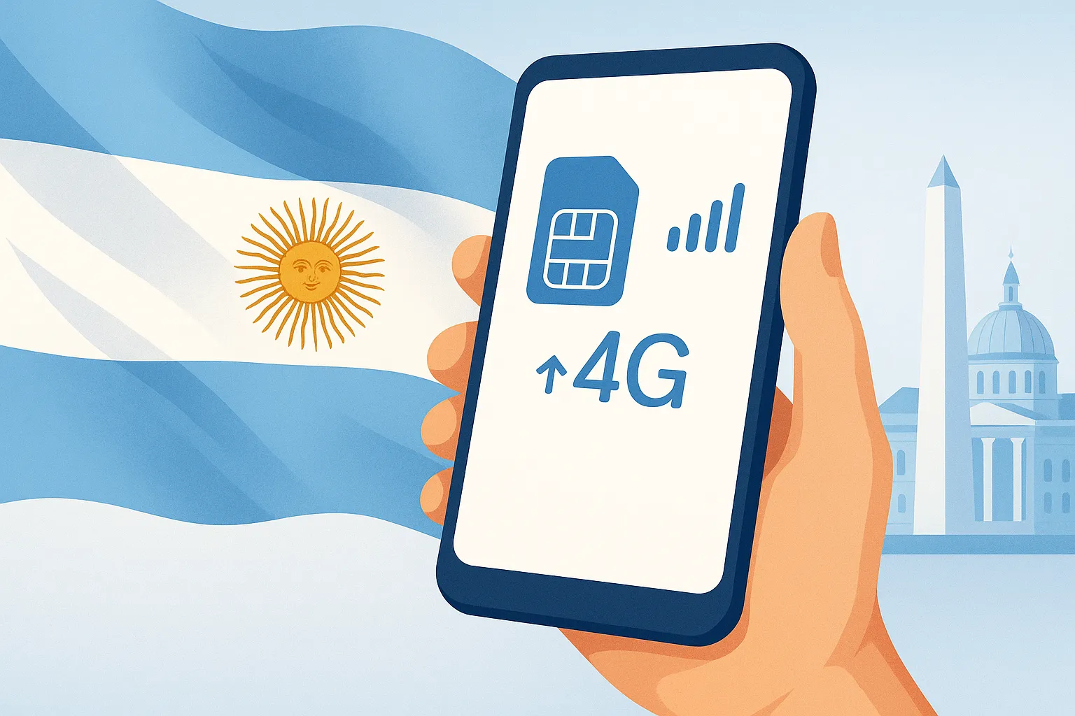 Ilustración de un smartphone con señal móvil frente a una bandera de Argentina, representando el uso de tarjetas prepago en el país
