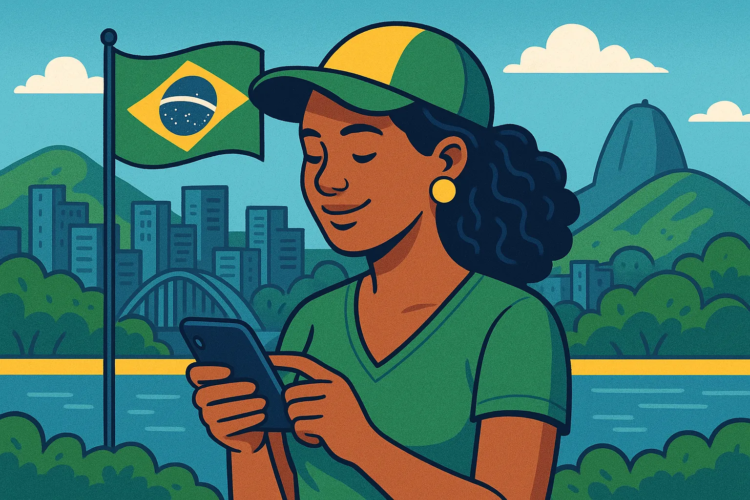 Mujer usando el móvil frente a un paisaje urbano de Brasil, con la bandera nacional ondeando y montañas al fondo