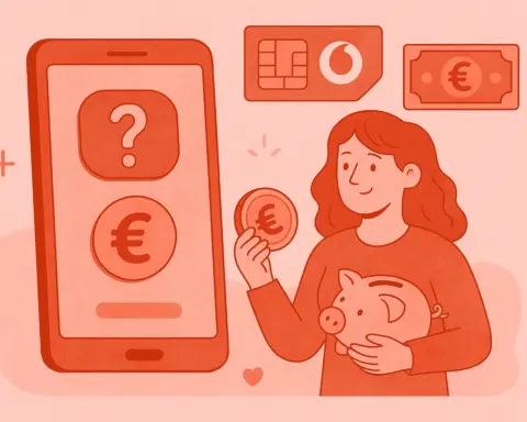 Ilustración en tonos rojos con mujer sosteniendo una hucha y moneda, móvil Vodafone y símbolos de saldo prepago.