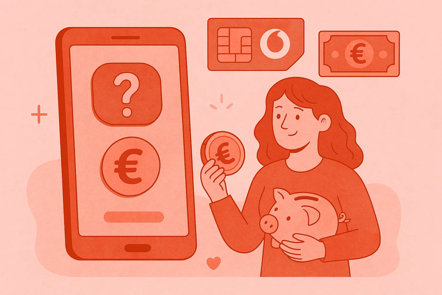 Ilustración en tonos rojos con mujer sosteniendo una hucha y moneda, móvil Vodafone y símbolos de saldo prepago.